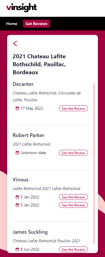 Screenshot of Vinsight wine review web app showcasing aggregated critic scores and reviews for a selection of wines